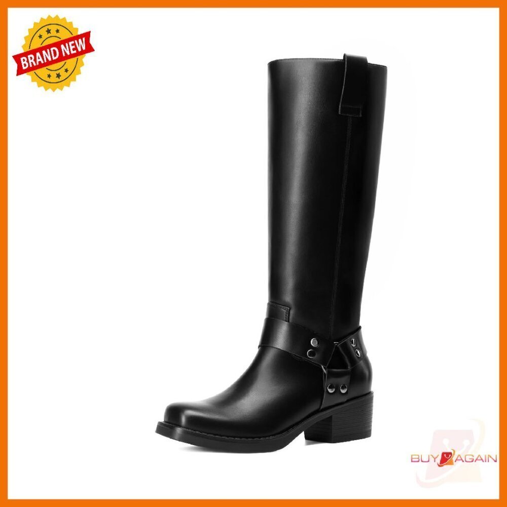 Knee High Motorcycle Boots Square Toe Buckle Biker Boots 1.8 Inch Heel